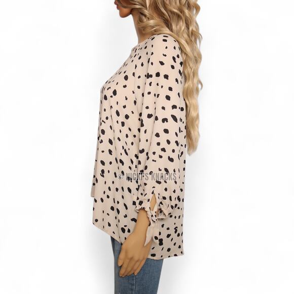 Papermoon Stitch Fix Animal Spot Blouse Sheer Tie Cuff 3/4 Sleeve Beige Black M - Picture 3 of 8